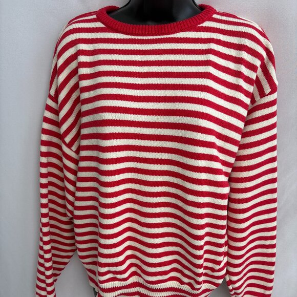 Sonderhaus Sweaters - Sonderhaus Red Striped Organic Cotton Pullover Sweater Size M White Natural Crew